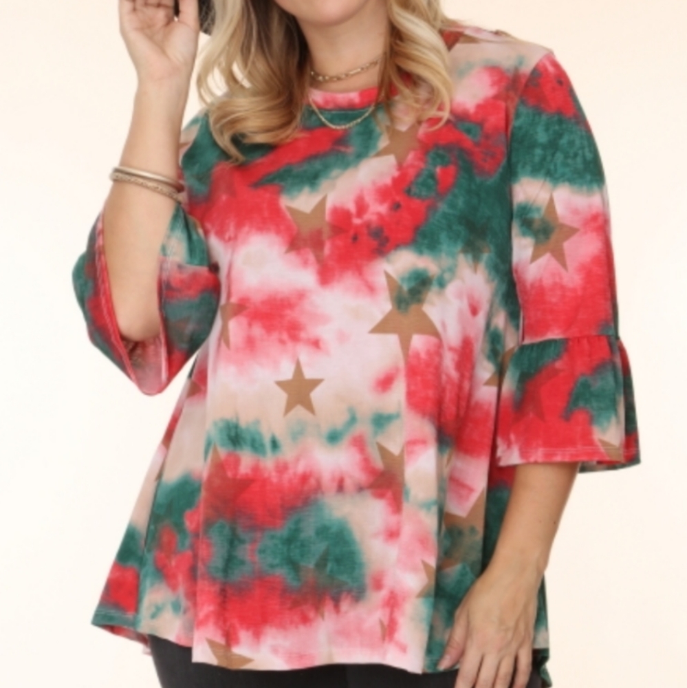 PLUS tie dye red and green top with star print